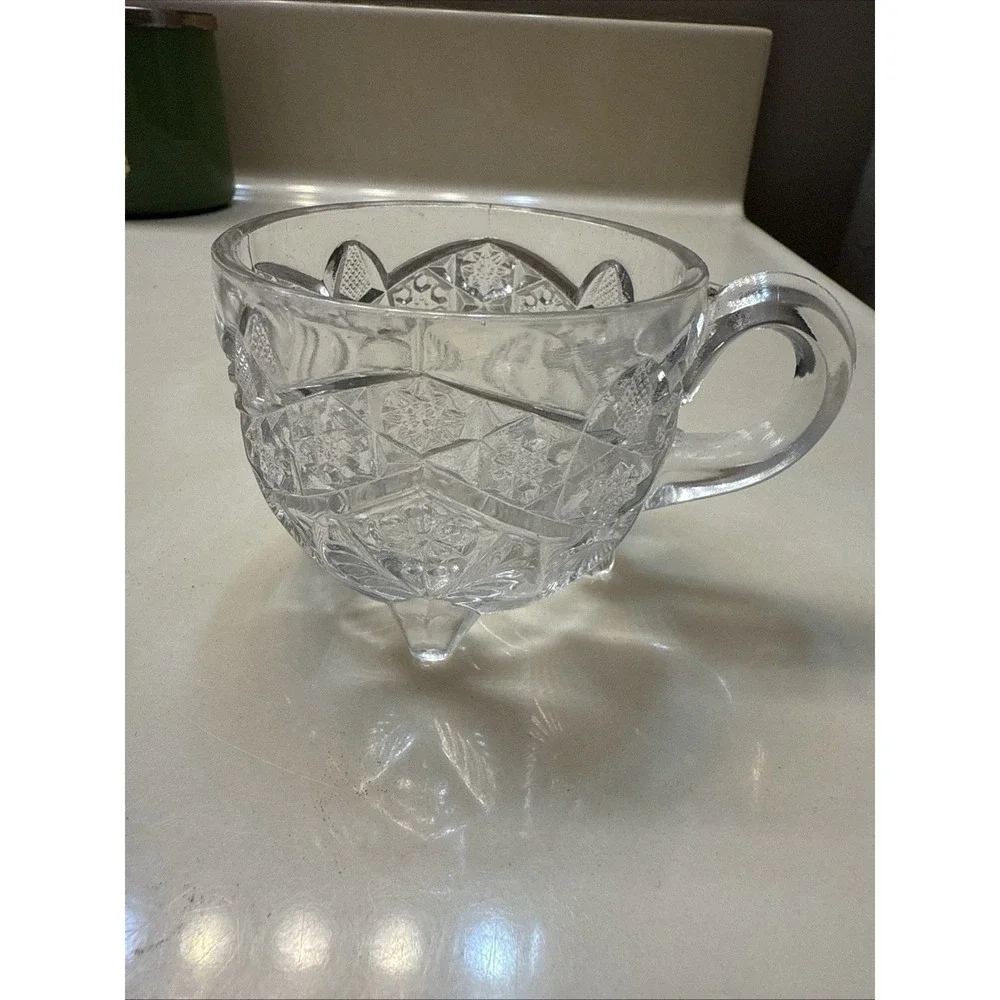 Uranium Glow Indian Glass Gaelic Footed Clear Punch Cup(s) with Handles 3 Total
